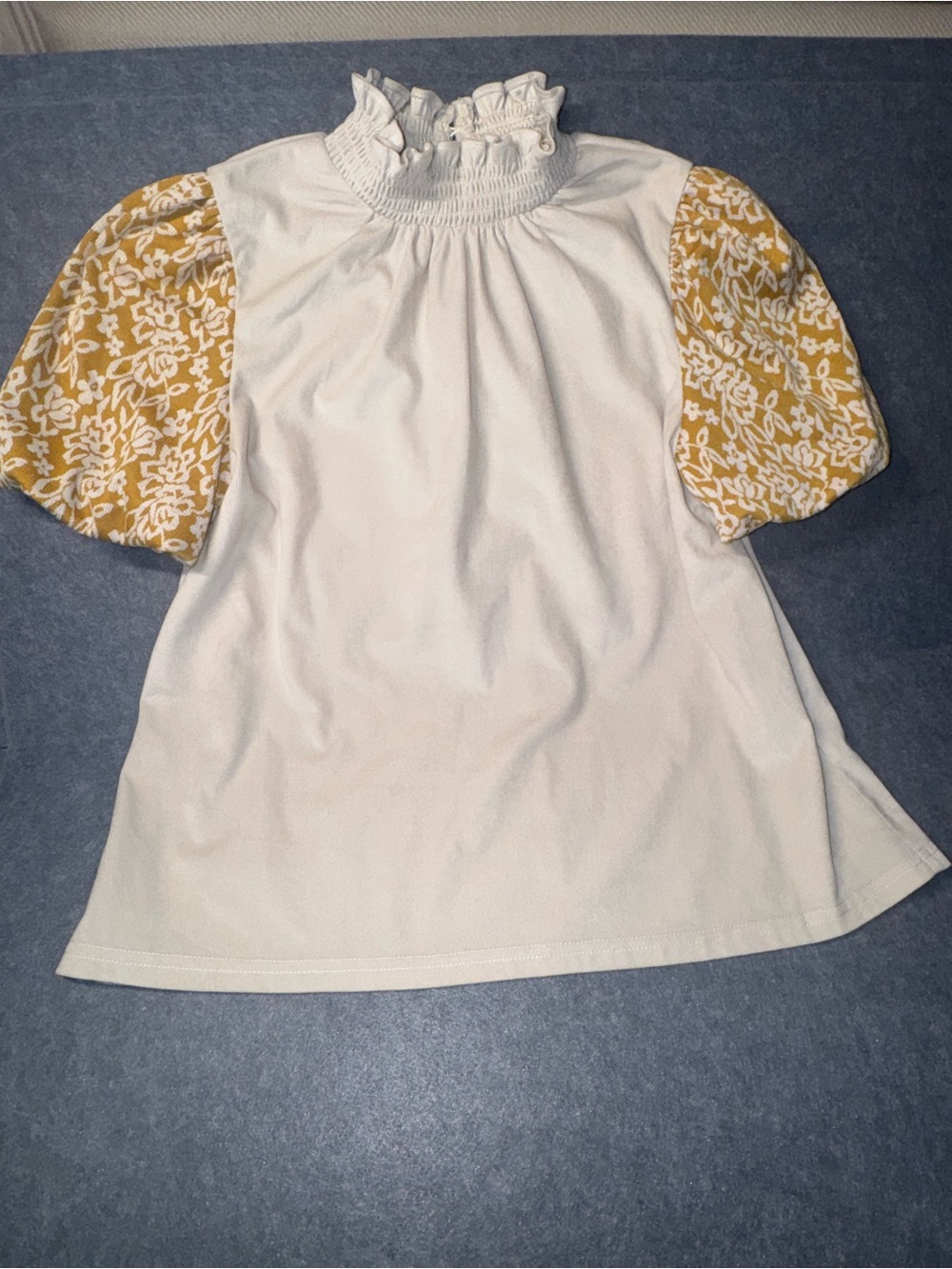 White Blouse with Mustard Floral Puff Sleeves and Smocked Neck